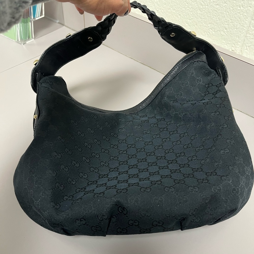 Authentic Black Gucci Horsebit Hobo GG Canvas